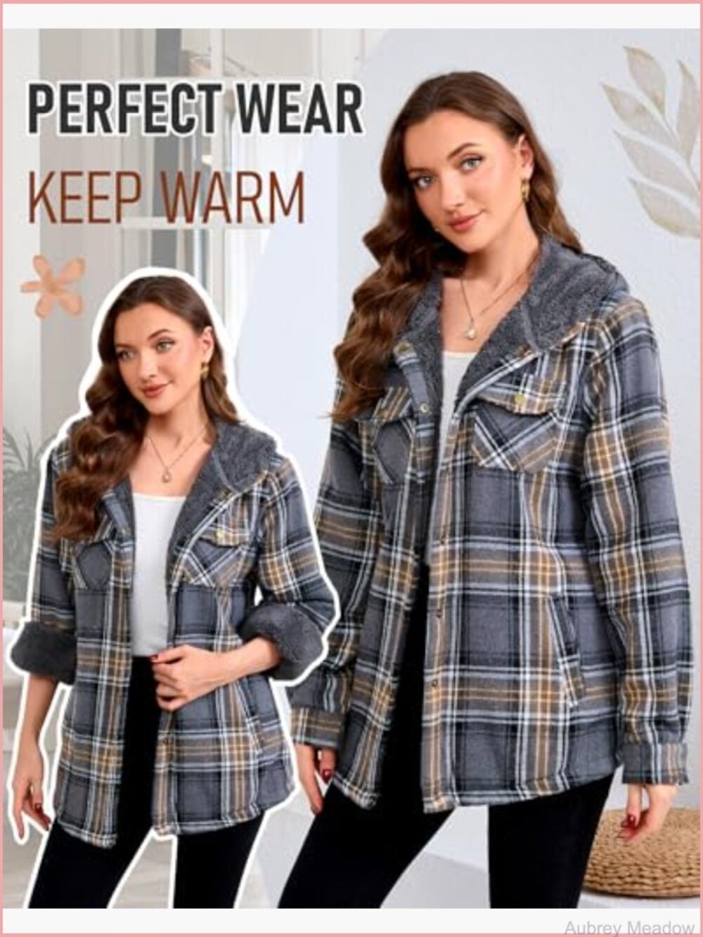 Plaid Sherpa Lined Fleece Flannel Jacket Button Down Hooded Coat - Picture 5 of 7